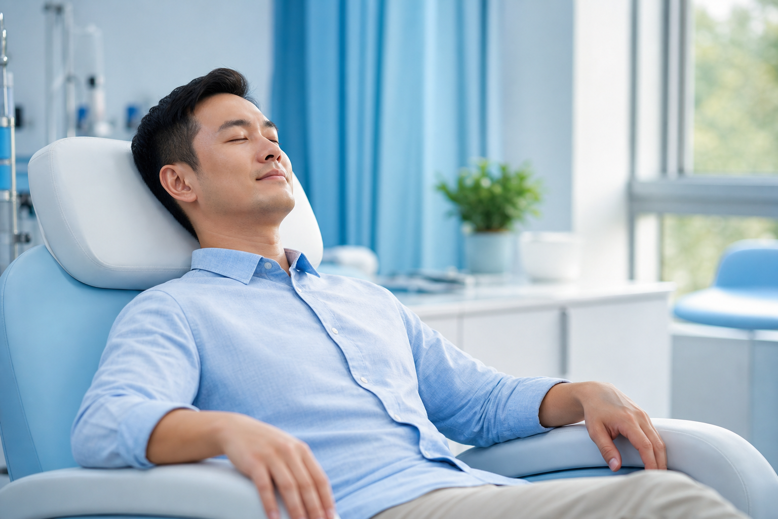 A serene and calming illustration of a man in his 30s resting peacefully on a comfortable medical ch