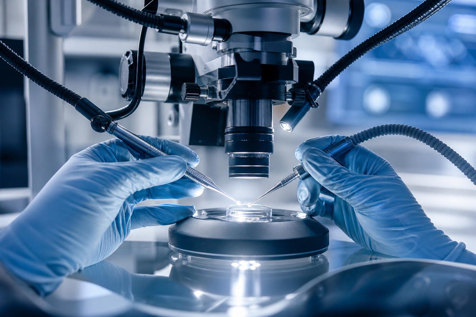 A high-tech conceptual illustration of microscopic medical precision. A medical specialist using adv