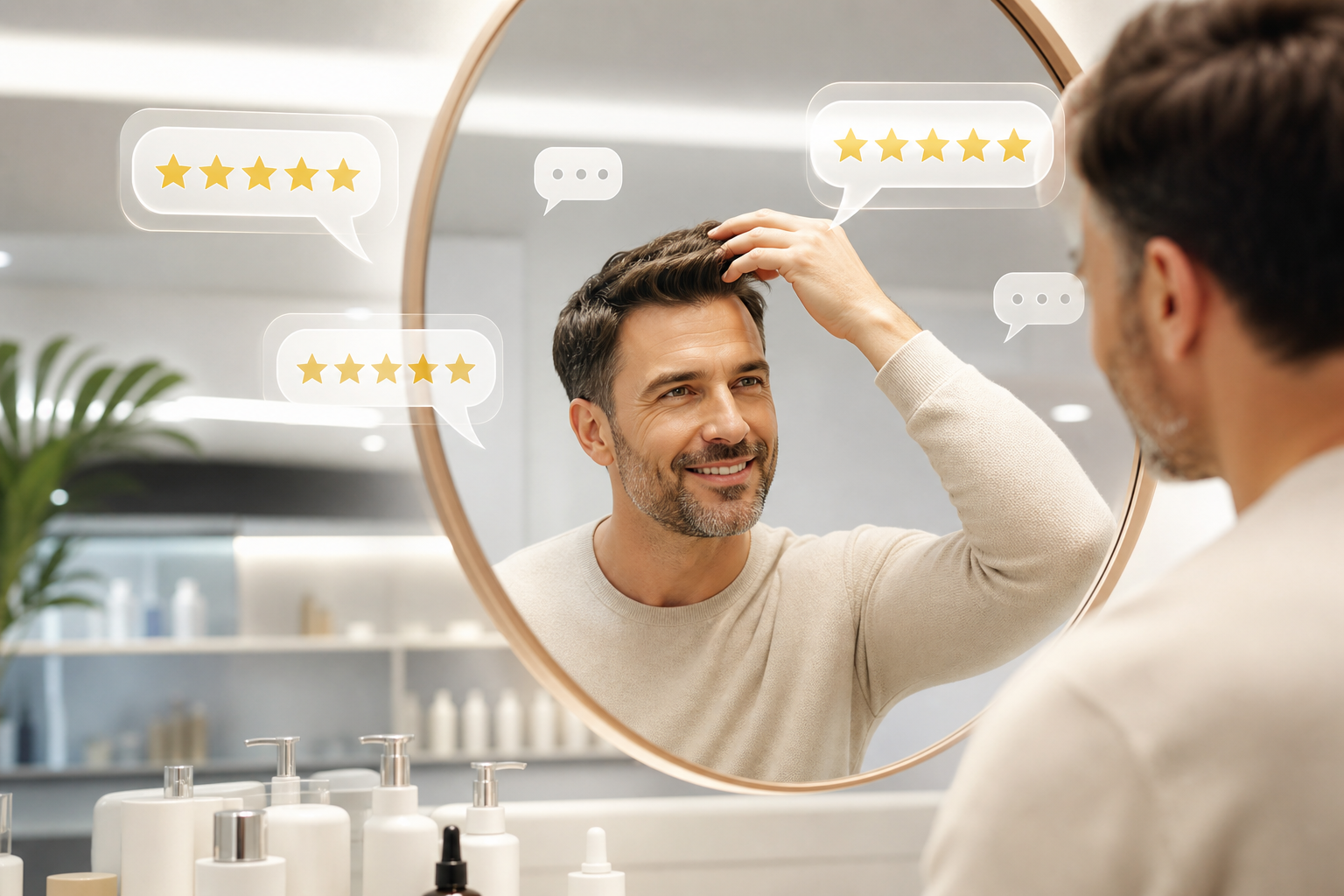 A conceptual illustration of high patient satisfaction. A smiling, confident man in his 40s looking 