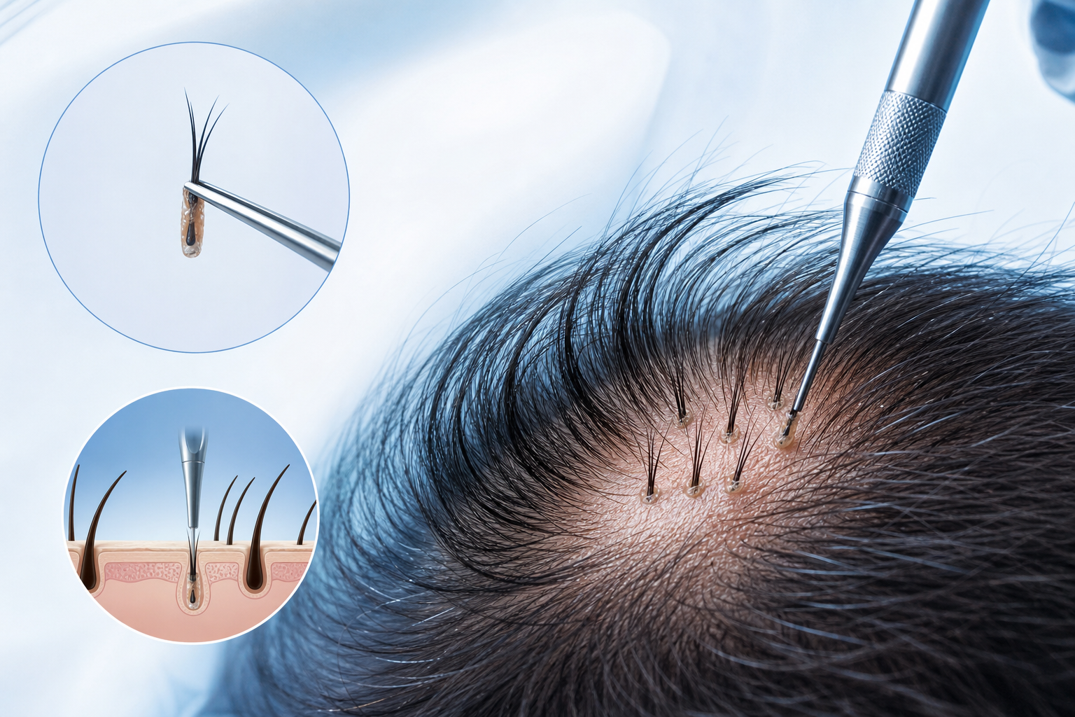 A clean, medical infographic-style illustration of the 'Un-SHAVEN' hair transplant method. It shows 