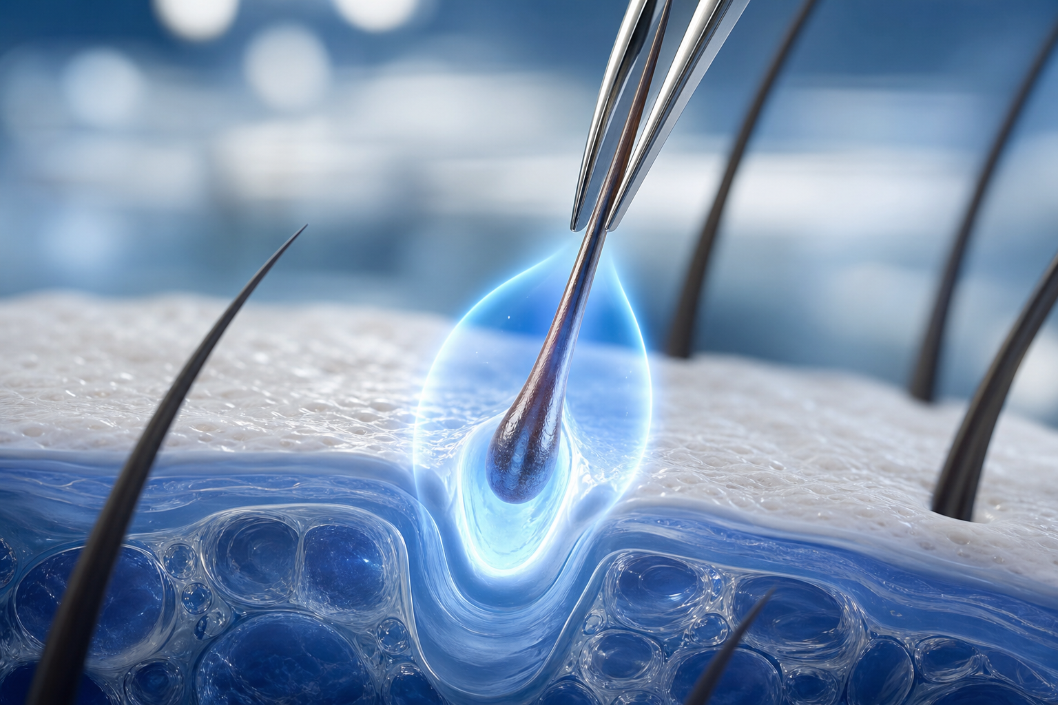 A conceptual 3D medical illustration of healthy hair follicles being extracted with extreme precisio