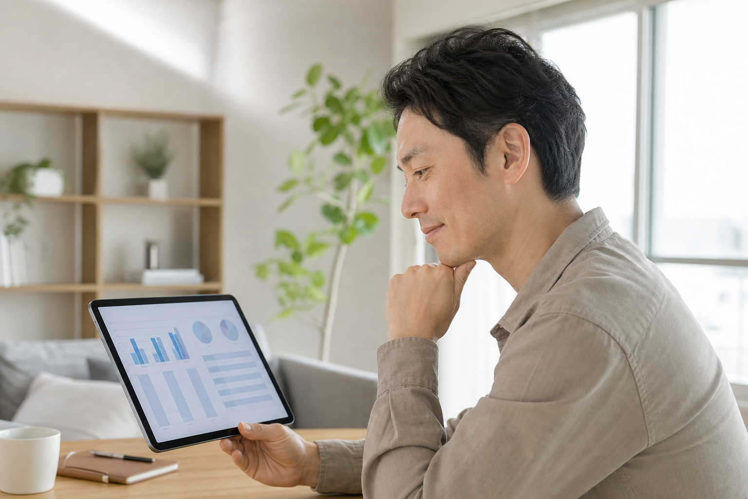 30代後半の清潔感のある男性が、明るくモダンな部屋でタブレット端末を手にし、納得したような安心感のある表情を浮かべている。画面には、複数のプランやコストを比較するシンプルなグラフや数字が並んだシミュレ