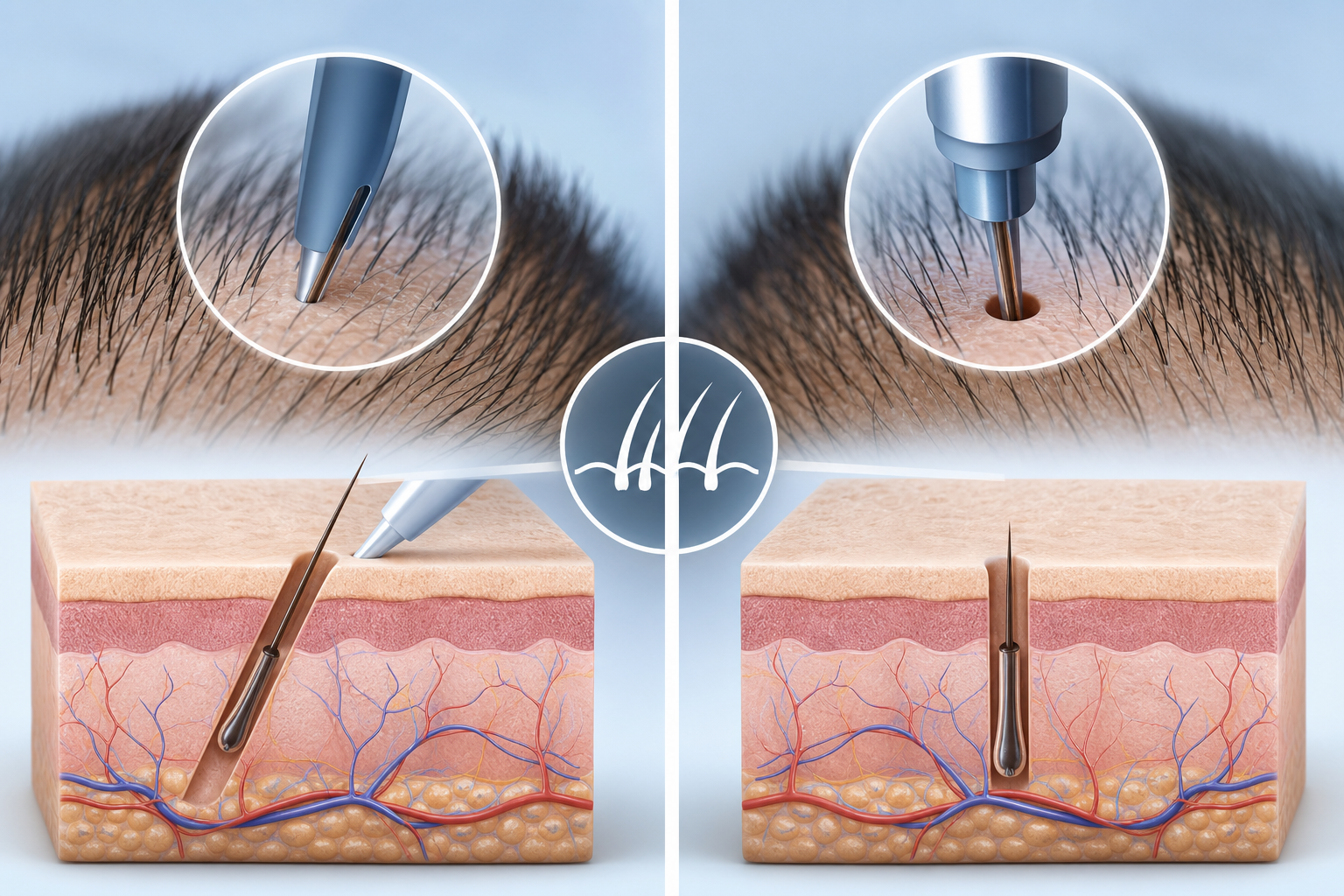 A professional medical illustration comparing 'Line Slit' and 'Hole Slit' methods in hair transplant