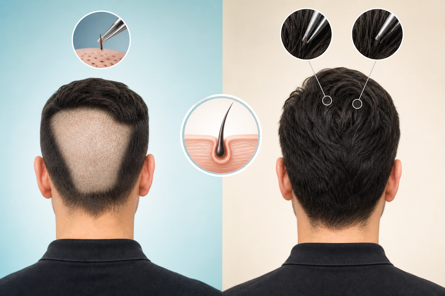 An explanatory infographic-style illustration comparing traditional hair transplant surgery with the