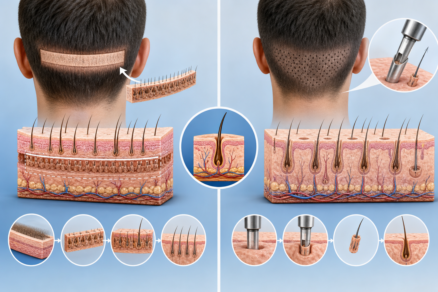 A medical conceptual diagram illustrating the difference between the FUT and FUE methods. The FUT se