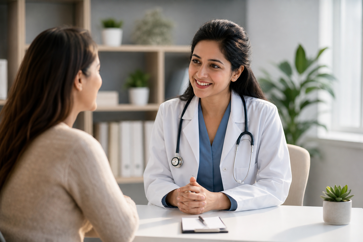 A scene of a friendly medical consultation in a clean, modern clinic. A professional female doctor i
