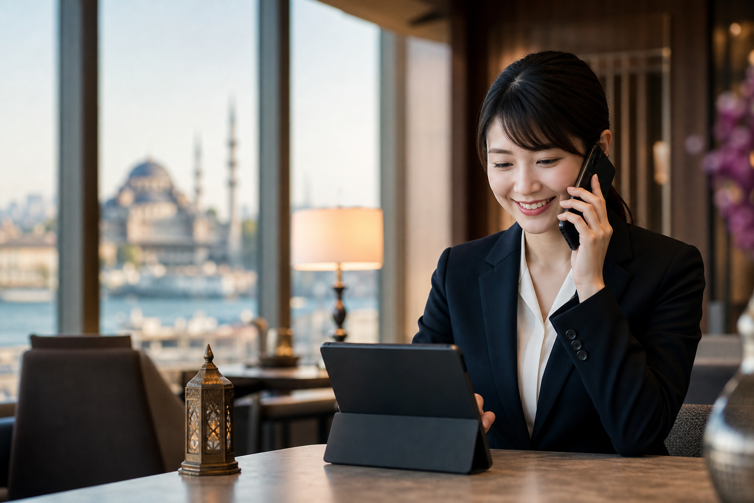 A friendly and professional Japanese support staff member (male or female) smiling while talking on 