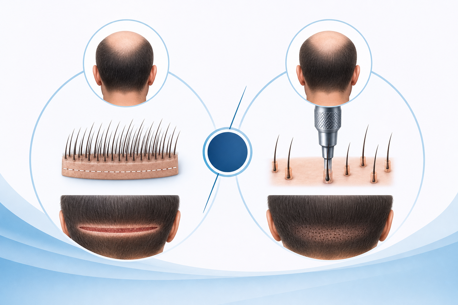 A clean, medical infographic-style illustration comparing two hair transplant methods. On one side, 
