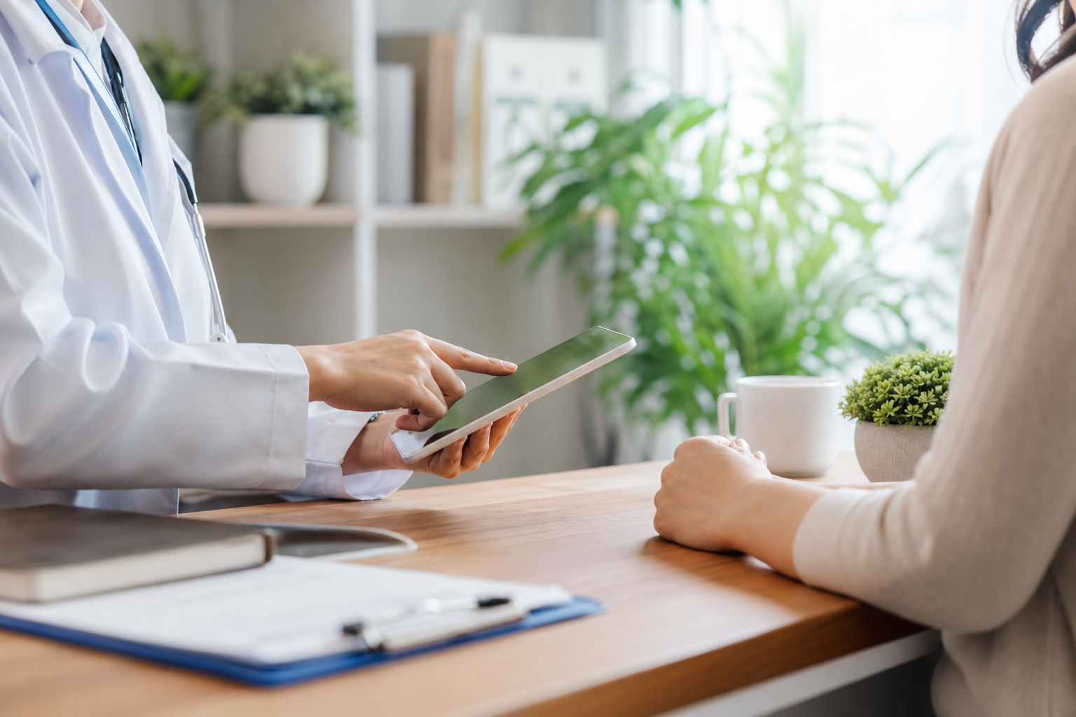 A friendly and professional consultation scene in a modern medical office. A kind medical counselor 
