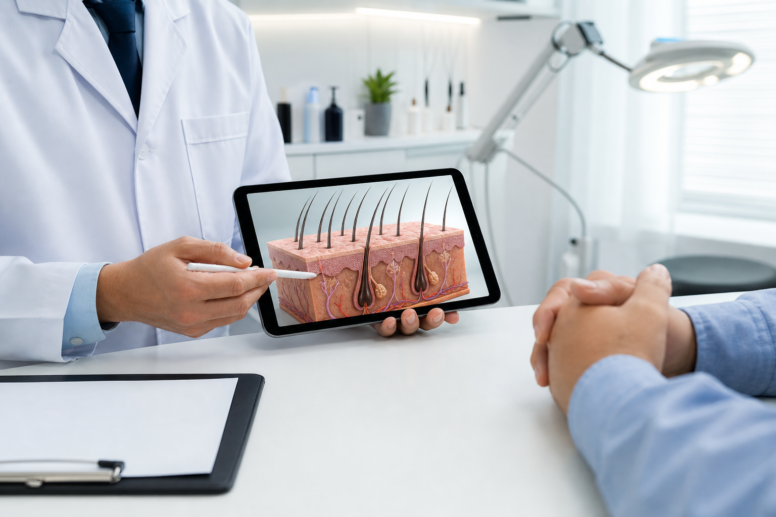 A professional doctor in a white coat providing a consultation to a man in a modern, bright clinic r