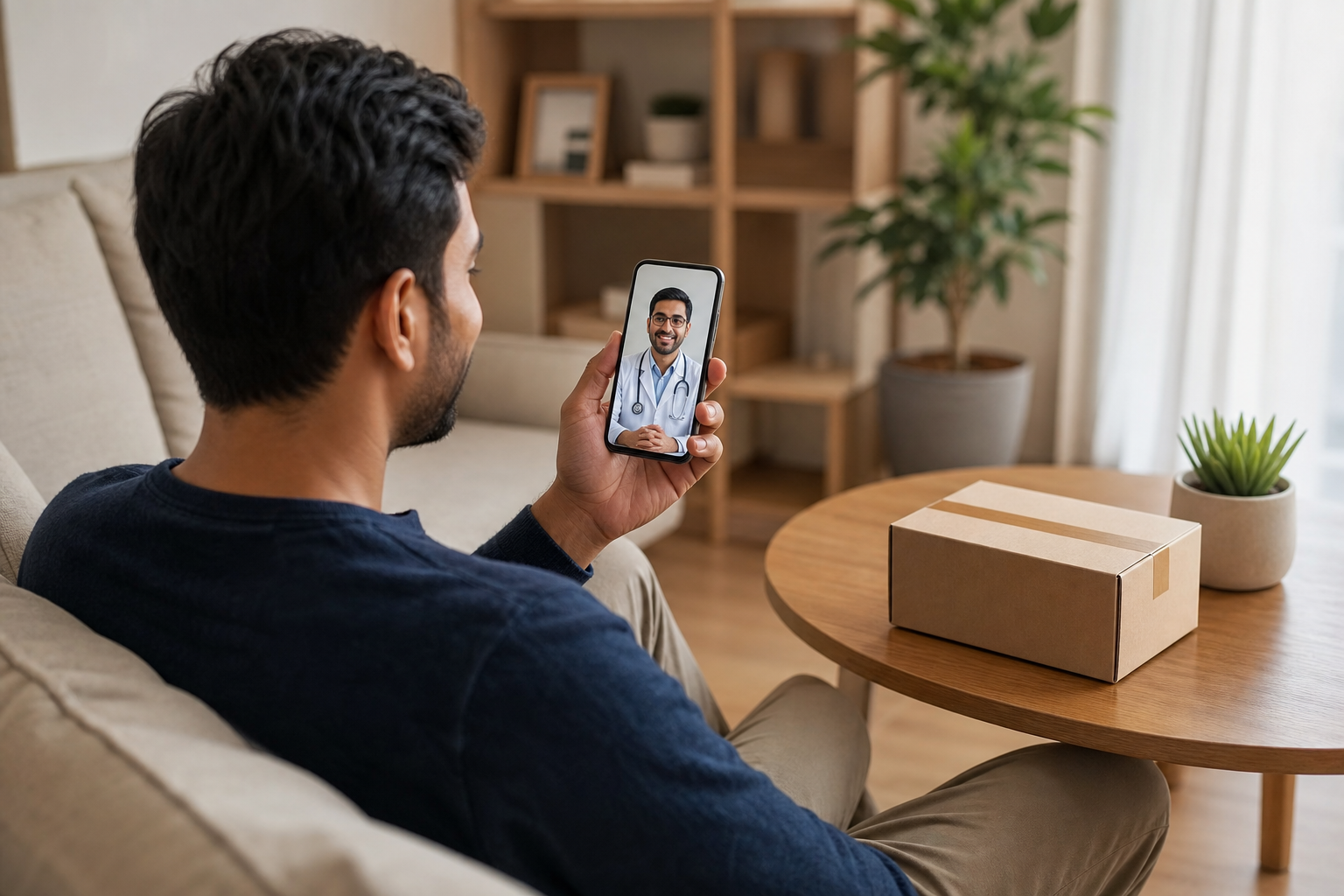 A man in his 30s having a video call consultation with a doctor on his smartphone while sitting comf