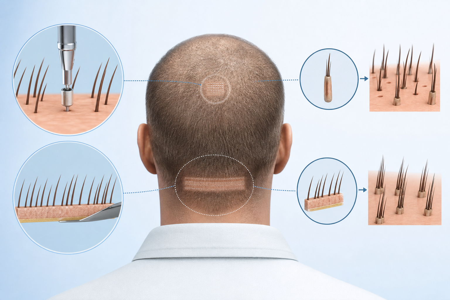 A conceptual medical illustration explaining the difference between hair follicle extraction methods