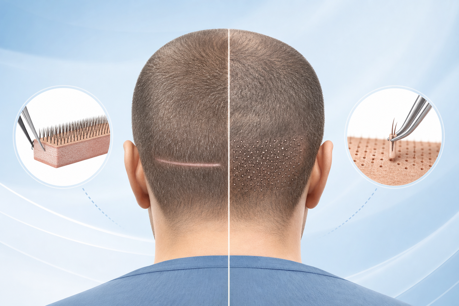 A clean, medical conceptual illustration comparing two hair transplant techniques. On a simplified d