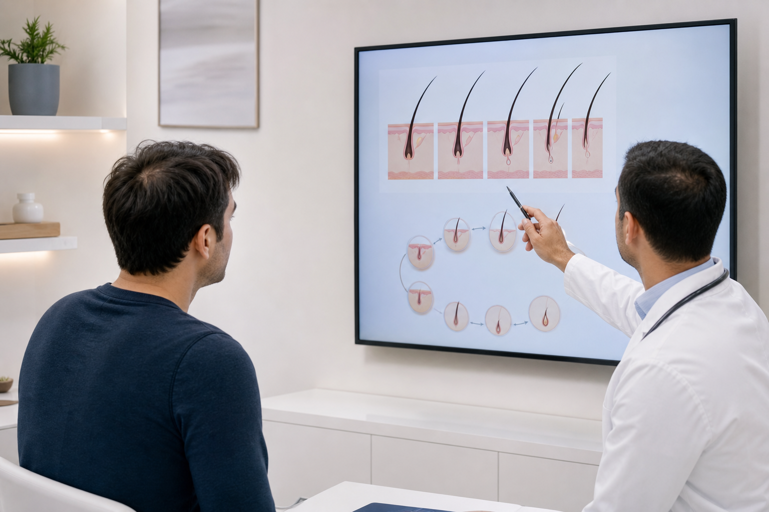 A reliable-looking male doctor in a white medical coat standing in a bright consultation room, point