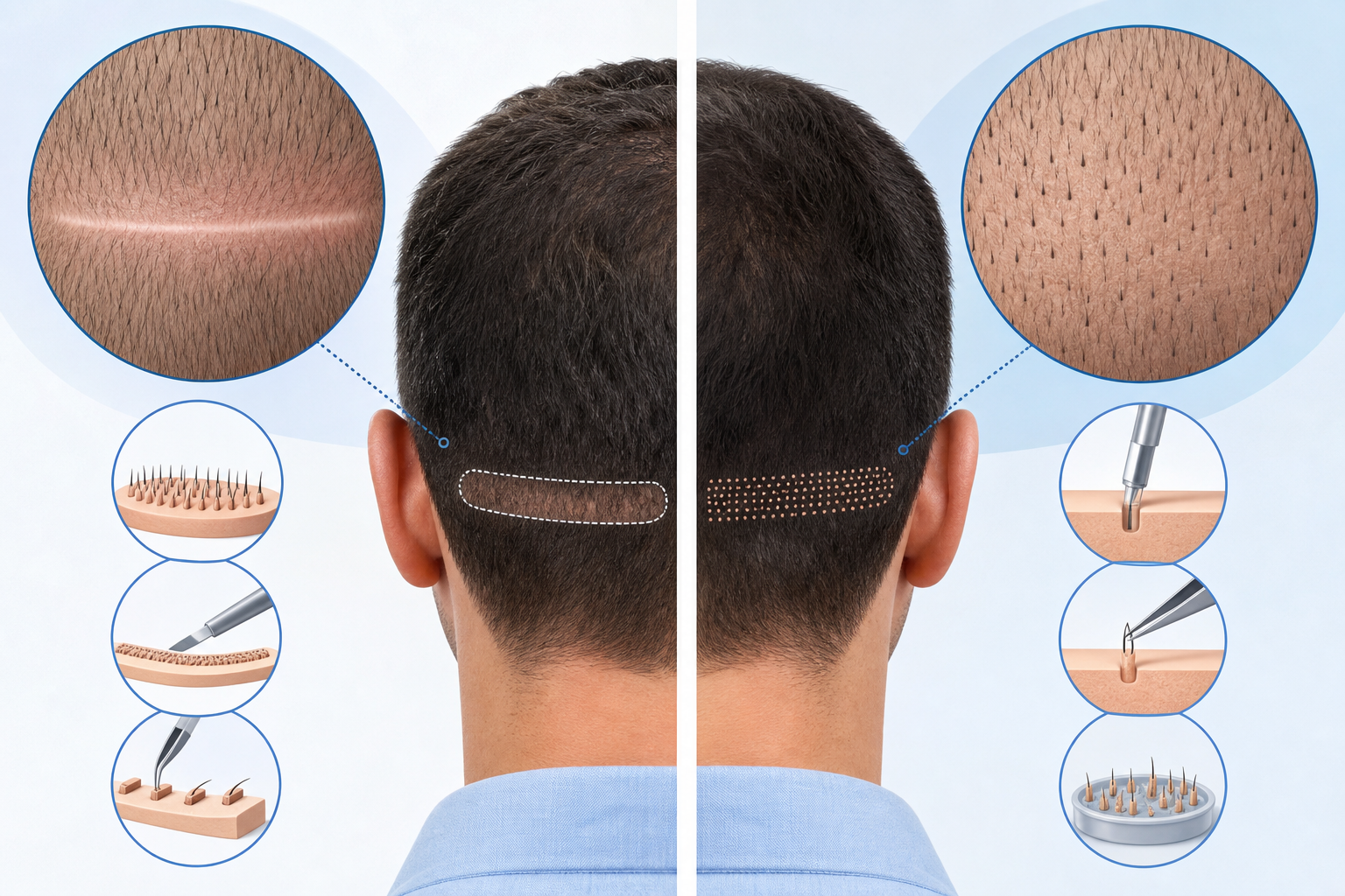 A clean, professional medical infographic comparing the concepts of FUT and FUE methods. It shows st