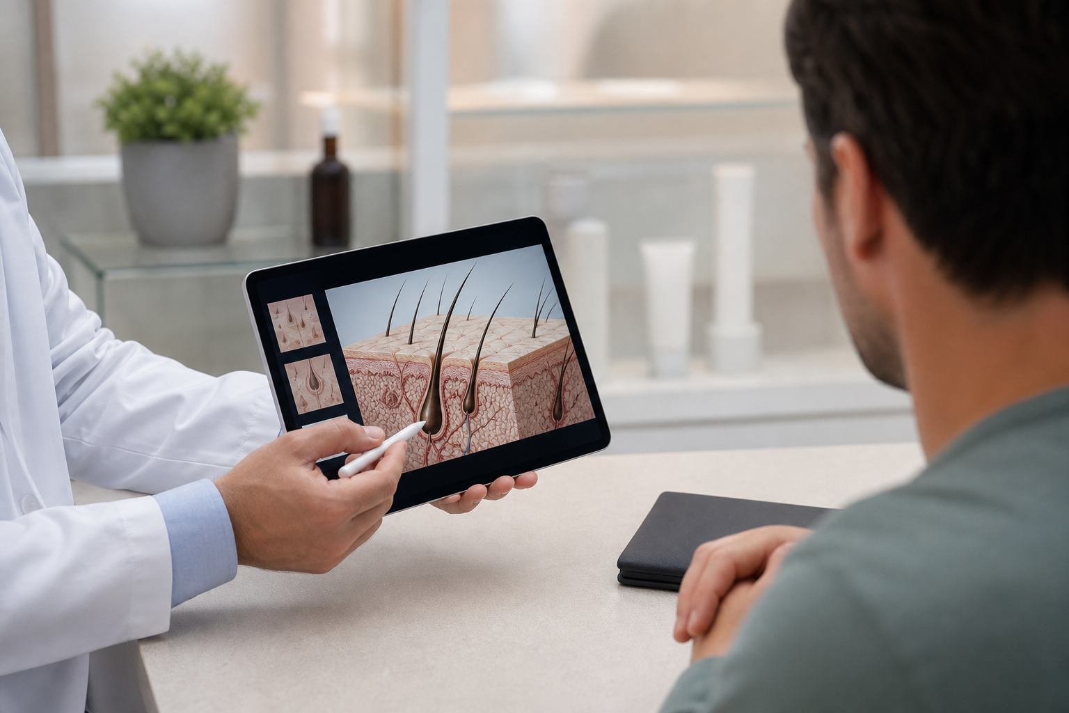 A professional male doctor in a white coat sitting in a consultation room, showing a tablet to a pat