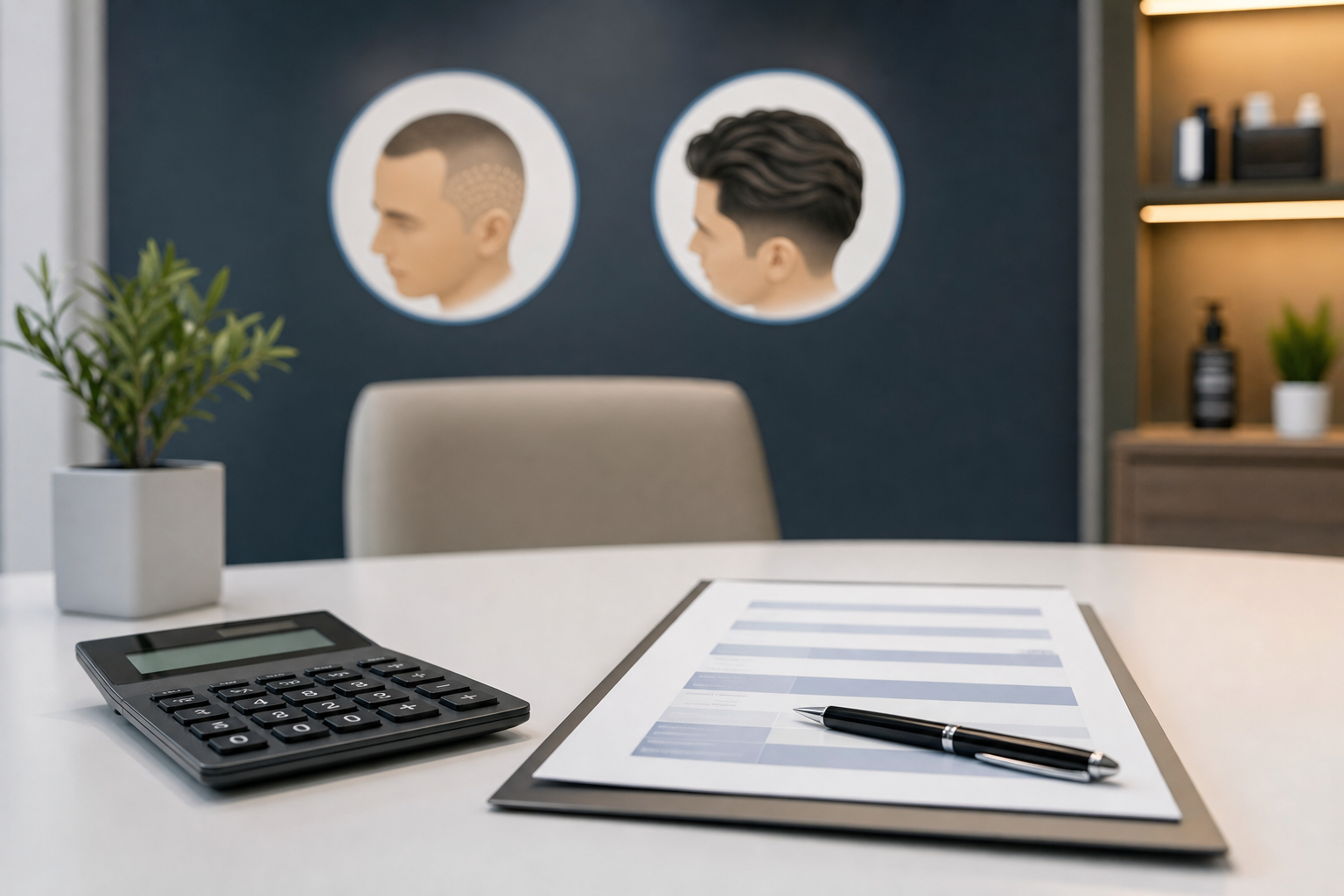 An conceptual image of a consultation desk with a calculator, a document showing a price list, and a