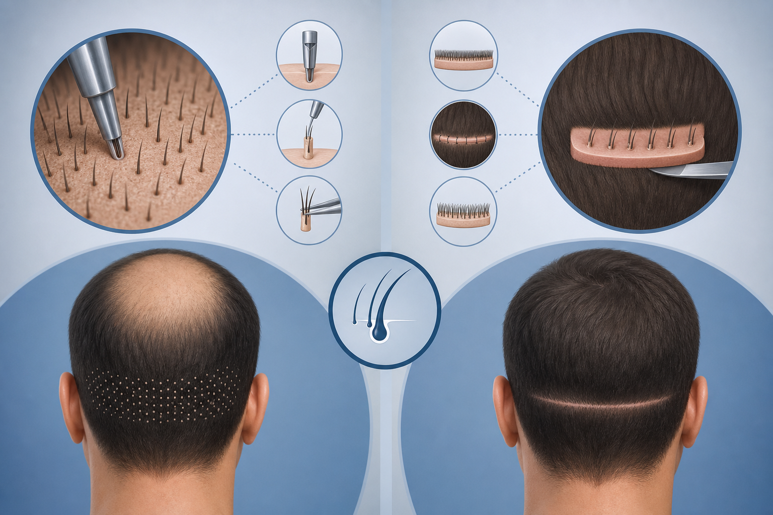 A clean medical infographic-style illustration comparing two hair transplant methods. On one side, i