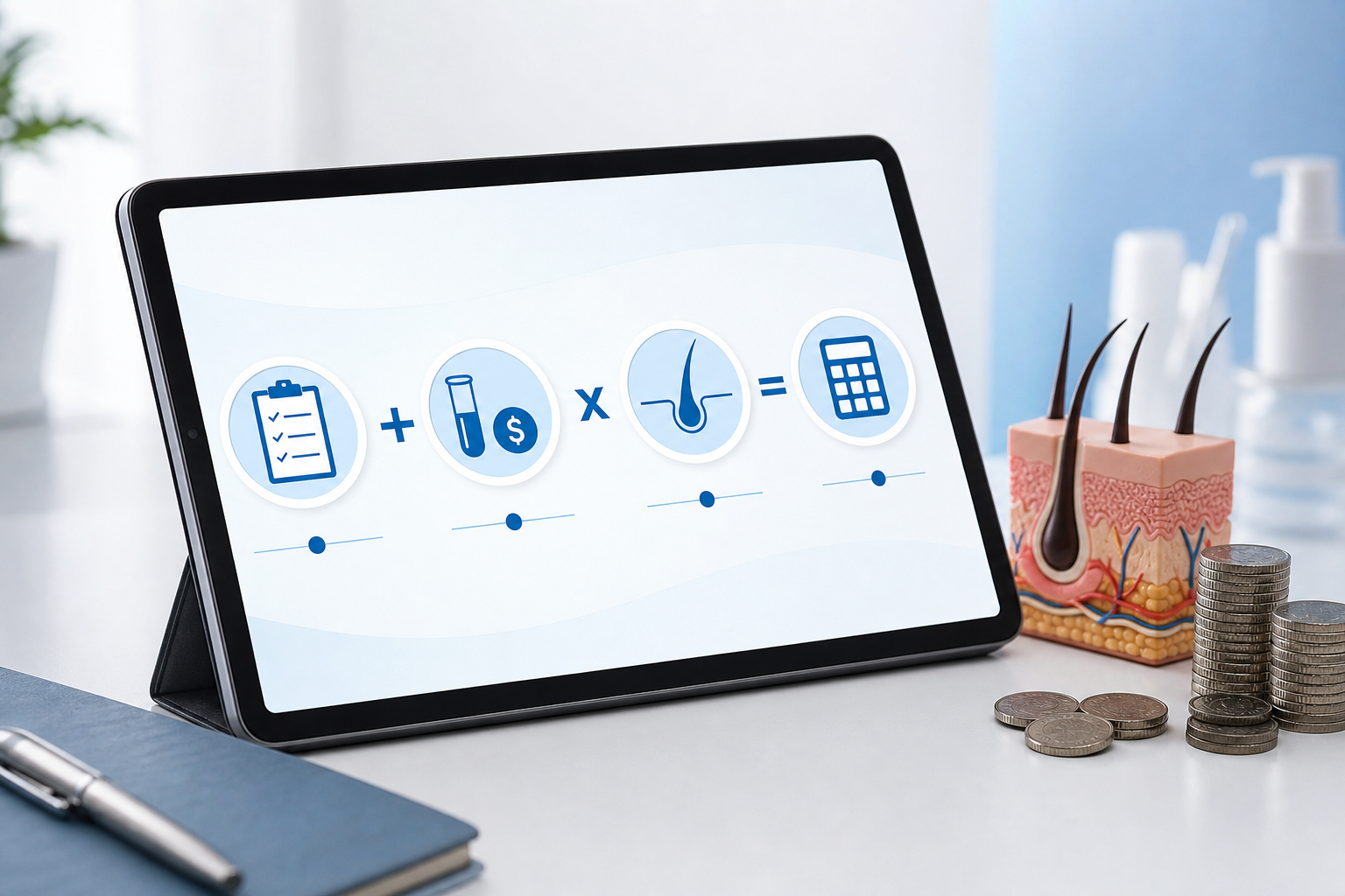 An informative illustration showing a transparent cost breakdown on a digital tablet screen. The scr