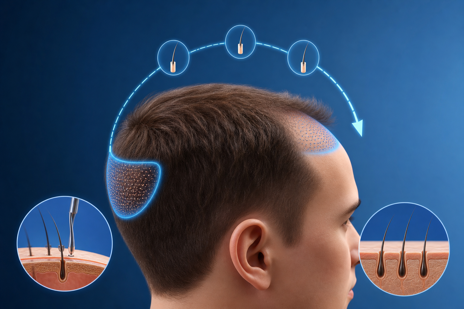 A professional medical illustration showing the concept of hair transplantation. A simplified profil