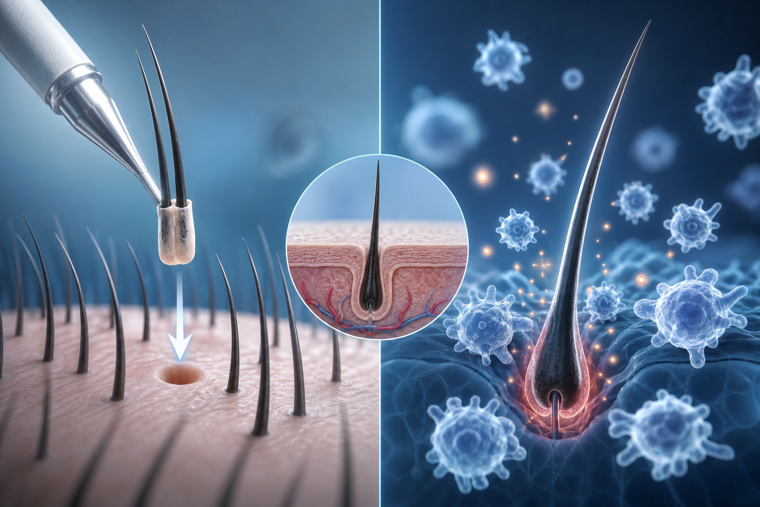 A conceptual medical illustration explaining the difference between hair transplantation and an auto