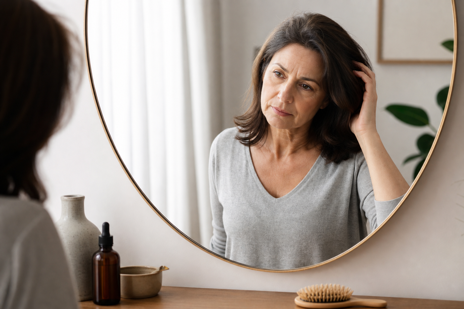 A middle-aged woman standing in front of a mirror in a softly lit room, looking at her hair with a t
