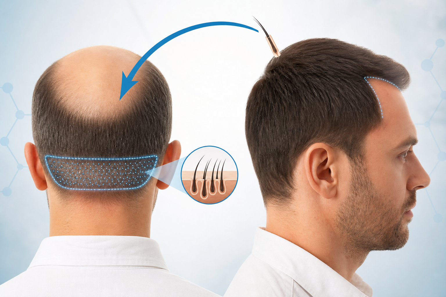 A conceptual medical illustration of a human head from the back and profile view. The back of the he