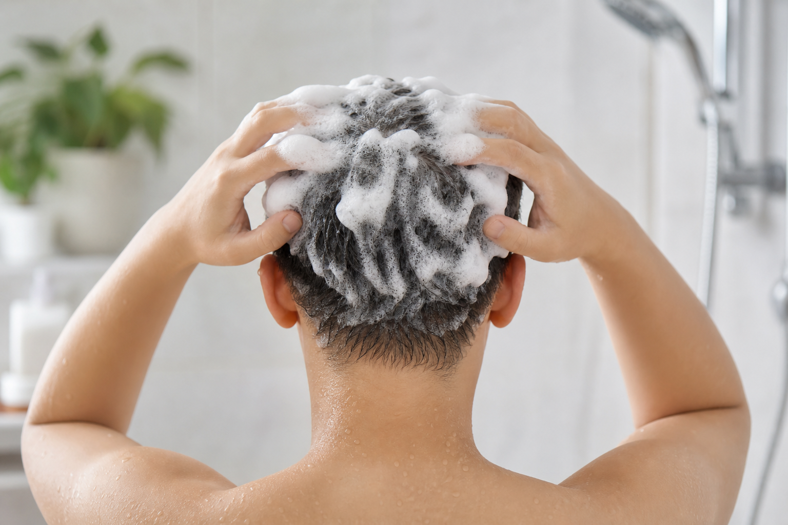 An illustration showing a person carefully washing their hair. They are using thick, gentle foam to 
