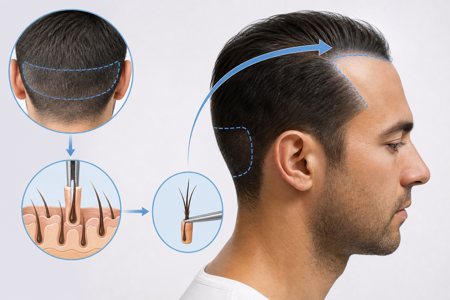 A professional medical infographic explaining the hair transplant mechanism. A stylized human head i