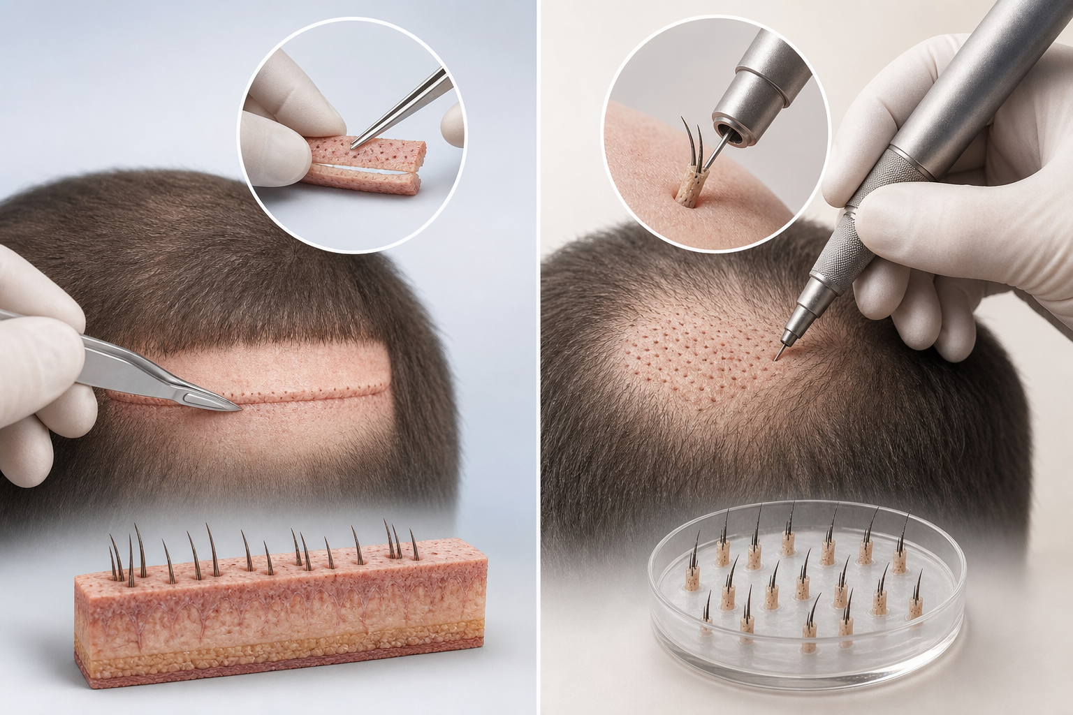 A conceptual comparison illustration of hair transplant techniques. One side depicts the FUT method