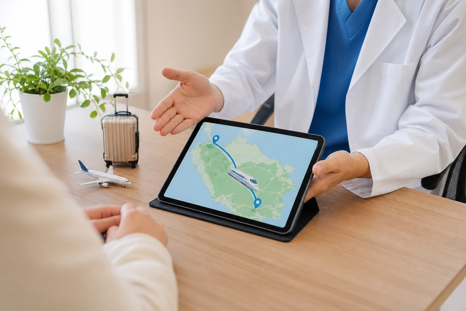 A professional medical counselor in a white coat explaining travel and accommodation support to a pa