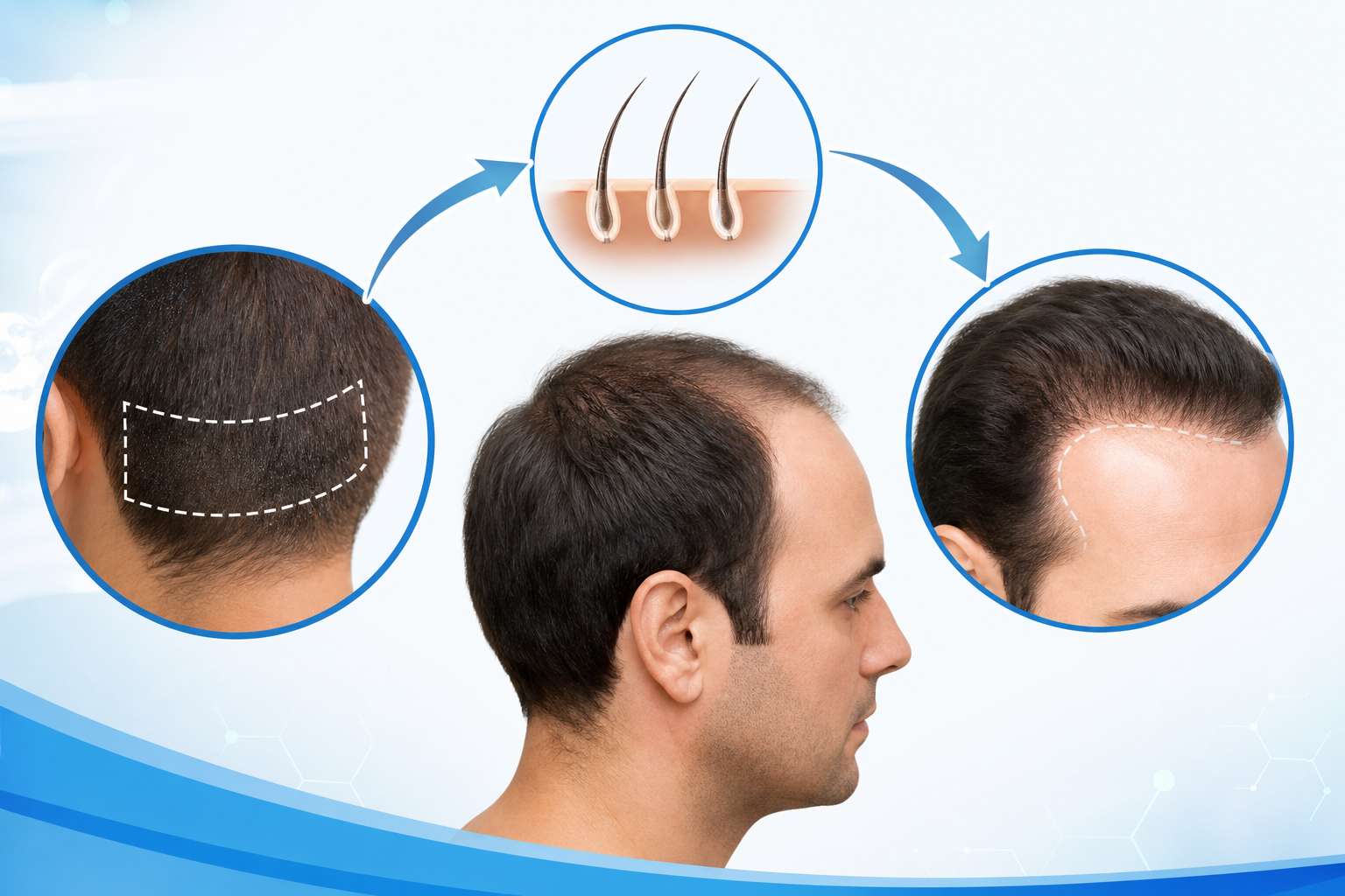 A clear and professional medical illustration showing the concept of hair transplantation. A stylize
