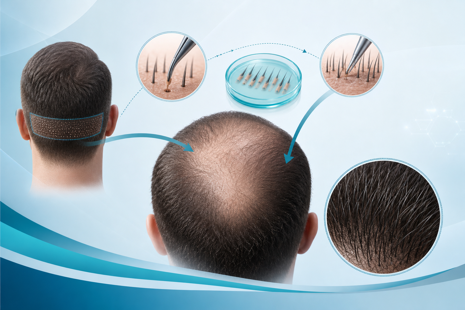 A conceptual medical illustration explaining the hair transplant process. A clean diagram showing th