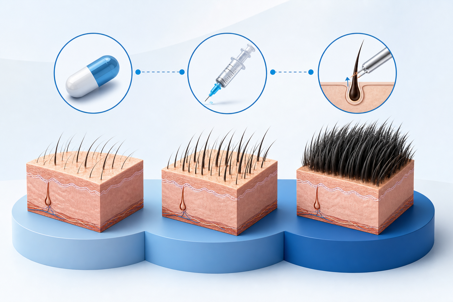 An informative conceptual illustration comparing three types of hair loss treatment. Stage 1: Mainte