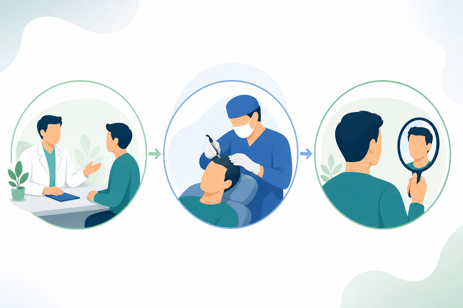 A visual overview of the hair treatment journey. A sequence of conceptual icons or a flat vector ill