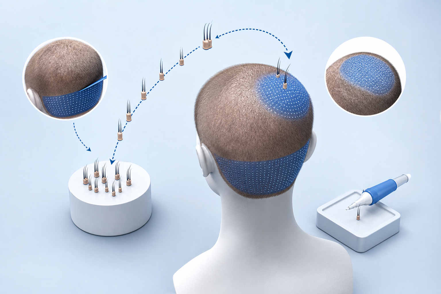 An informative isometric 3D medical illustration showing the concept of self-hair transplantation. A