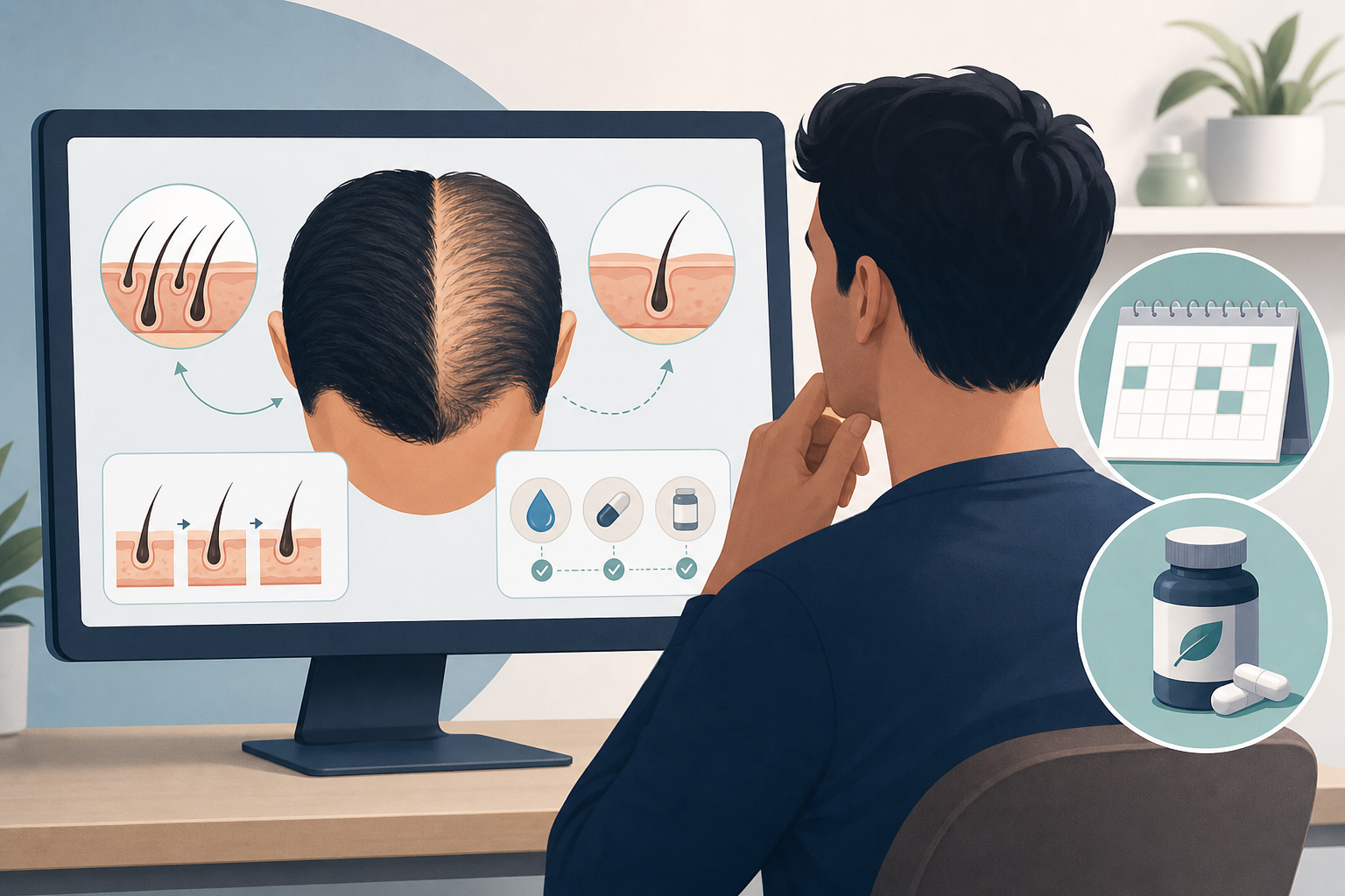 A conceptual illustration of a thoughtful person looking at a digital screen that displays a scalp m
