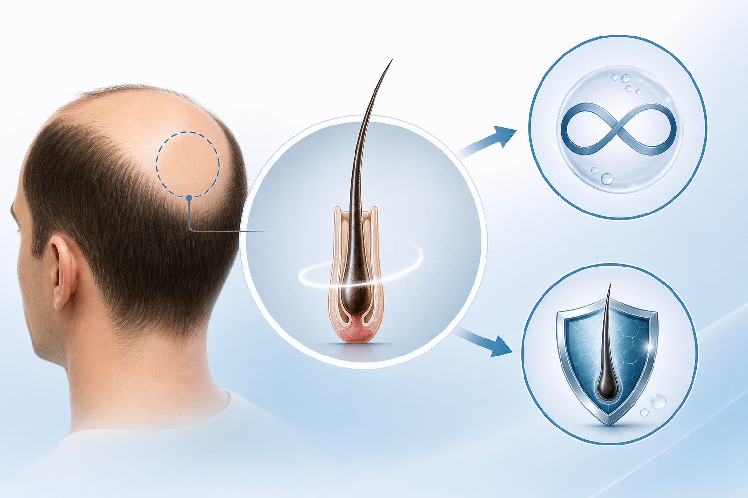 A clean, modern infographic-style illustration explaining the concept of hair transplantation. The i