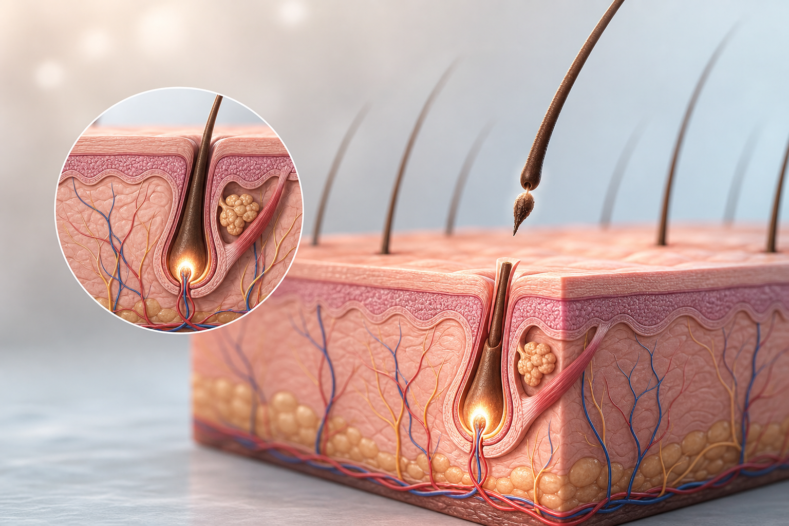 A conceptual medical illustration explaining the 'resting phase' of the hair cycle. It shows a cross