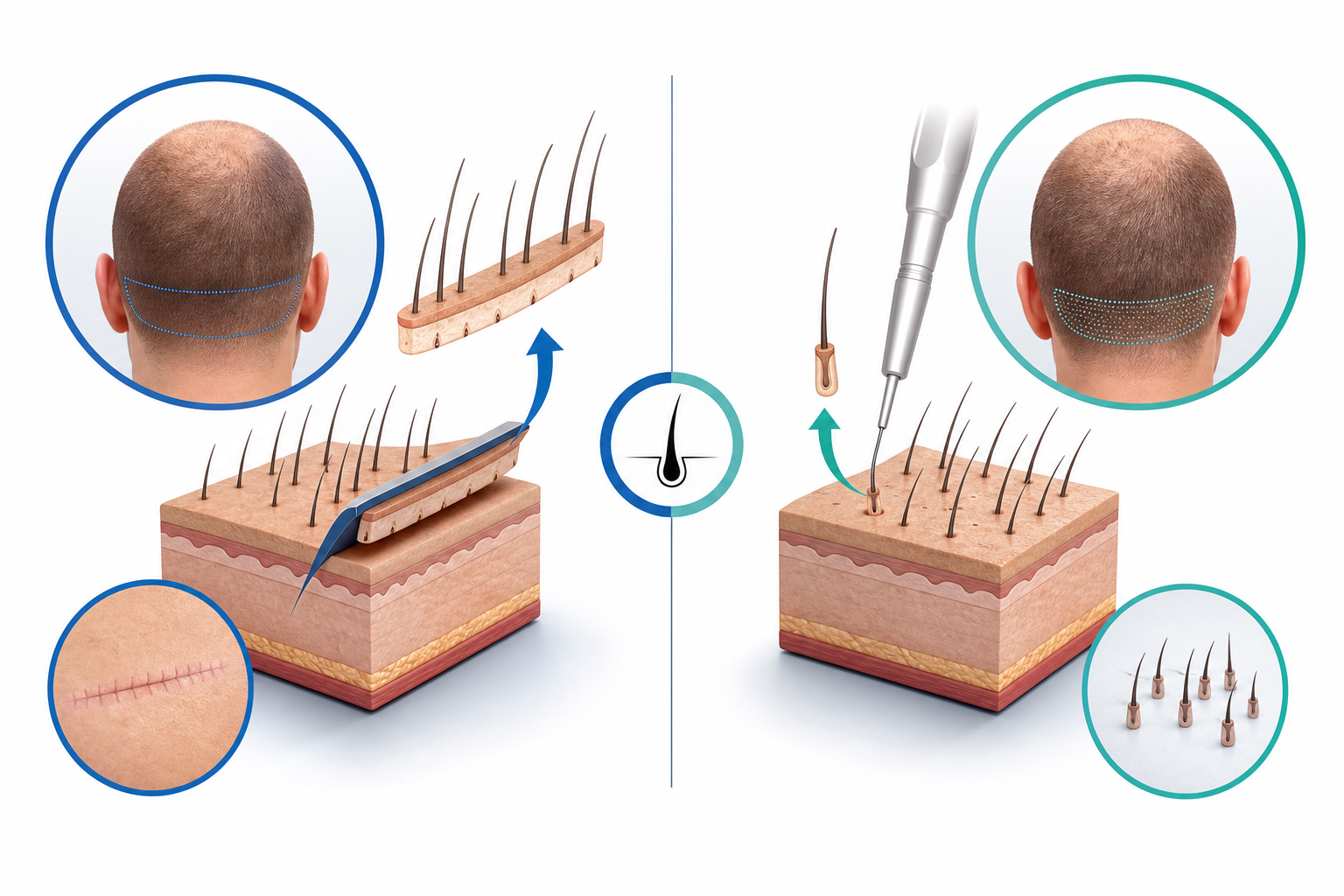 A professional comparative diagram of the FUT and FUE hair transplant methods. On one side, it abstr