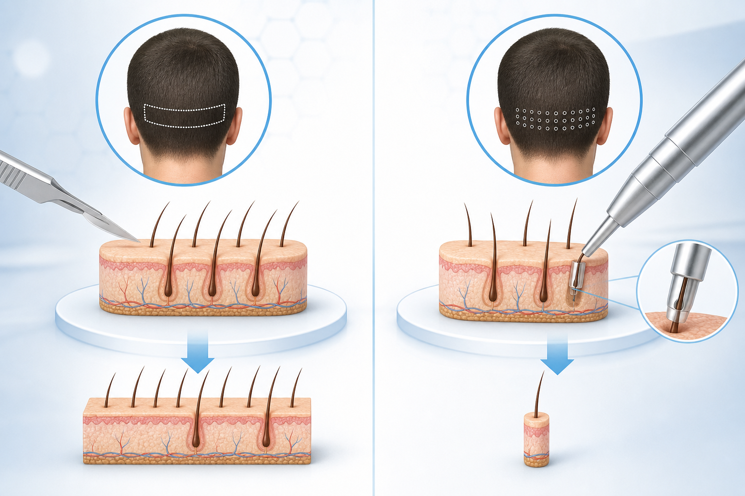A detailed and clean medical illustration comparing two types of hair transplant procedures: the FUT