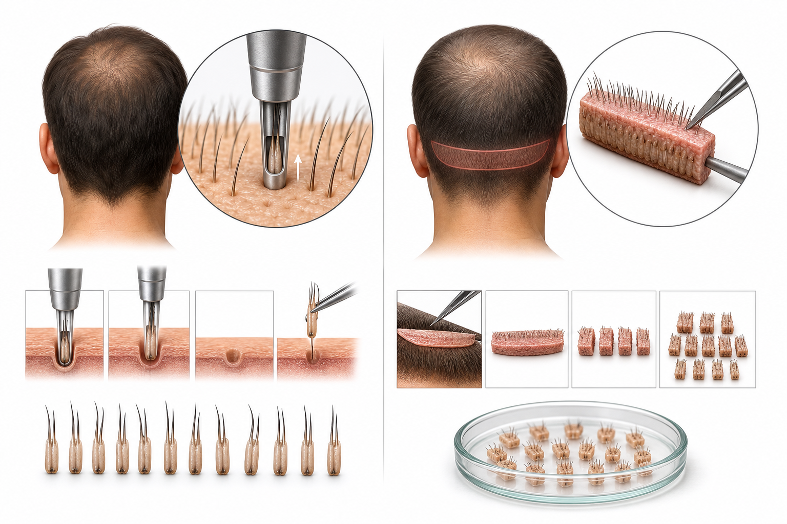 A comparative medical illustration showing the difference between FUE and FUT hair transplant method