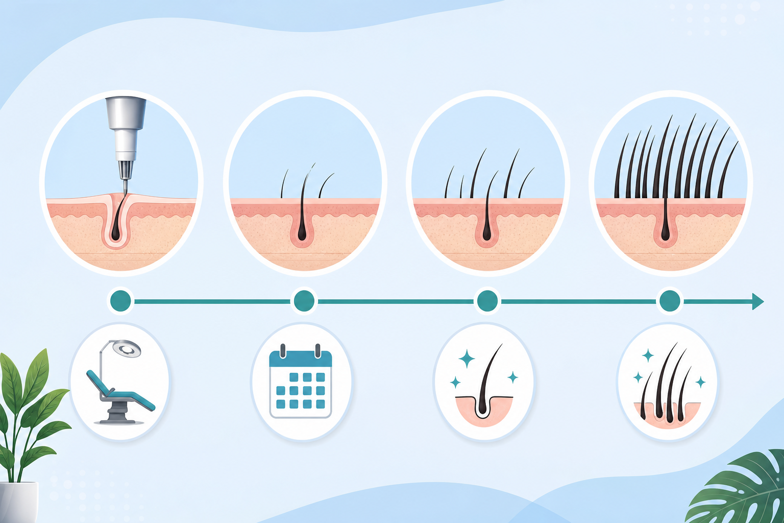 A horizontal infographic timeline illustrating the hair growth process after transplantation. The ti