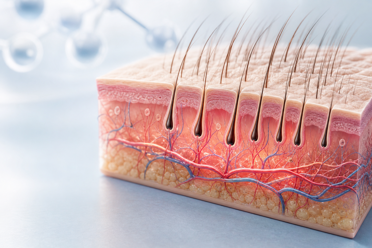 A conceptual medical illustration showing the scalp healing process. It depicts tiny, healthy hair f