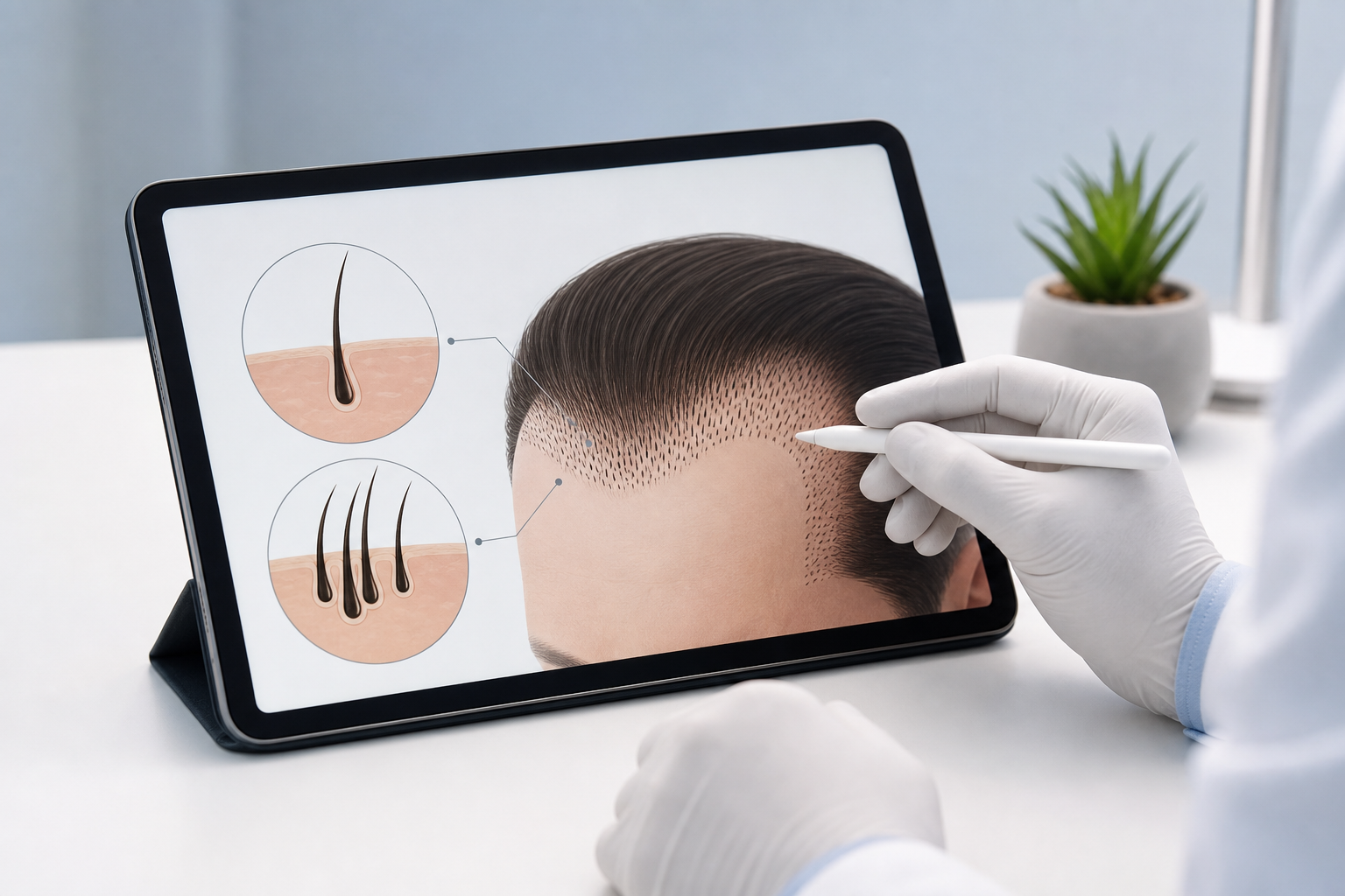 An illustration of a doctor in a white coat explaining hair design on a digital tablet. The tablet s