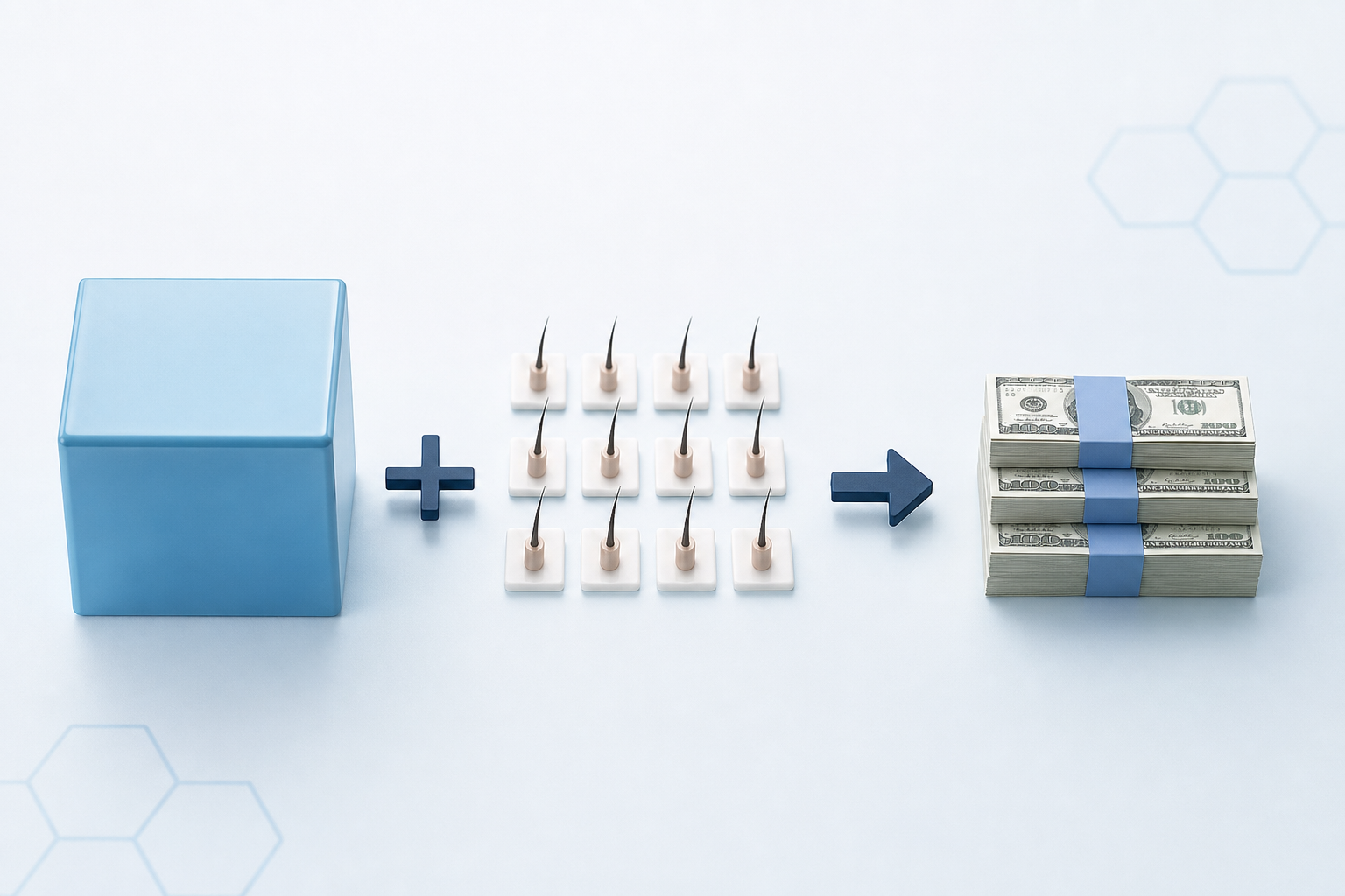 A conceptual infographic-style illustration explaining the cost breakdown. A large cube representing