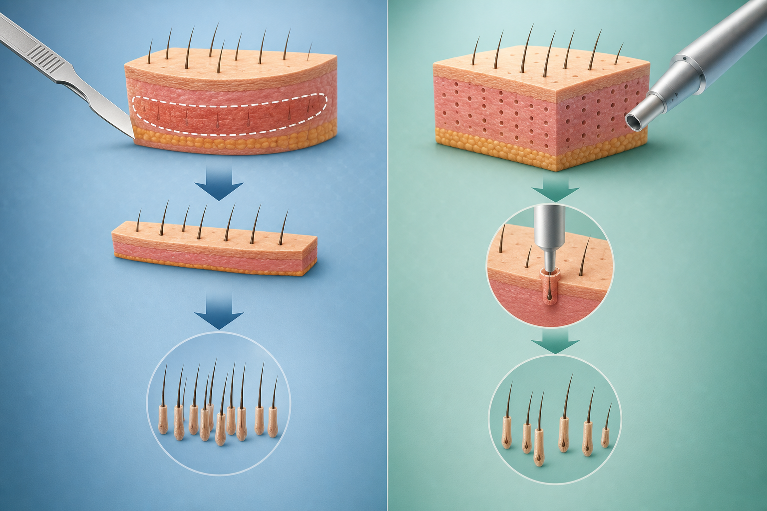 A professional medical illustration comparing two transplant methods side-by-side in an abstract man