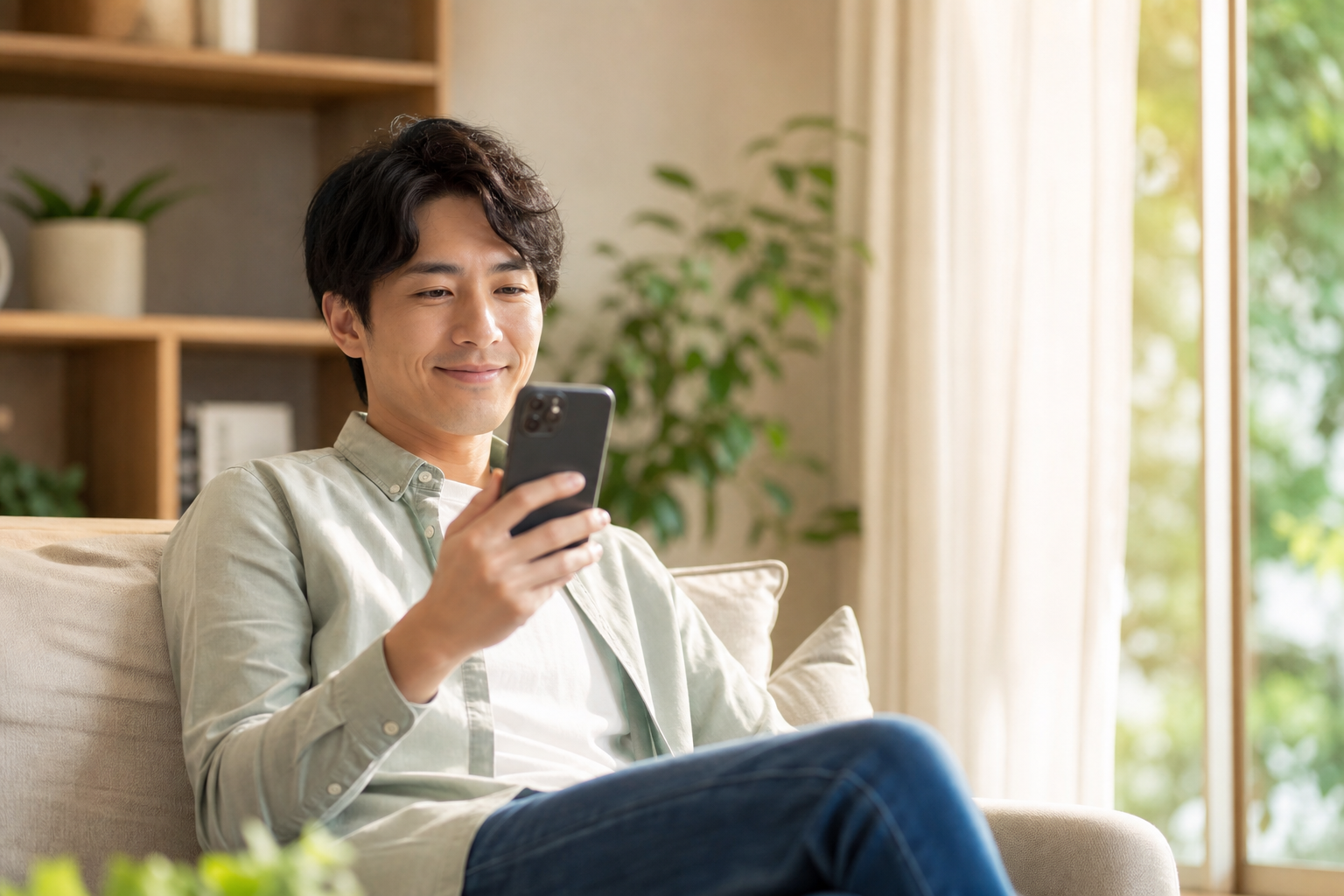 自宅のリビングでリラックスした表情の30代男性が、スマートフォンで月々の返済シミュレーションを確認しながら、満足そうに微笑んでいる。将来の自分に期待を寄せているような明るい雰囲気。窓からの自然光が差し