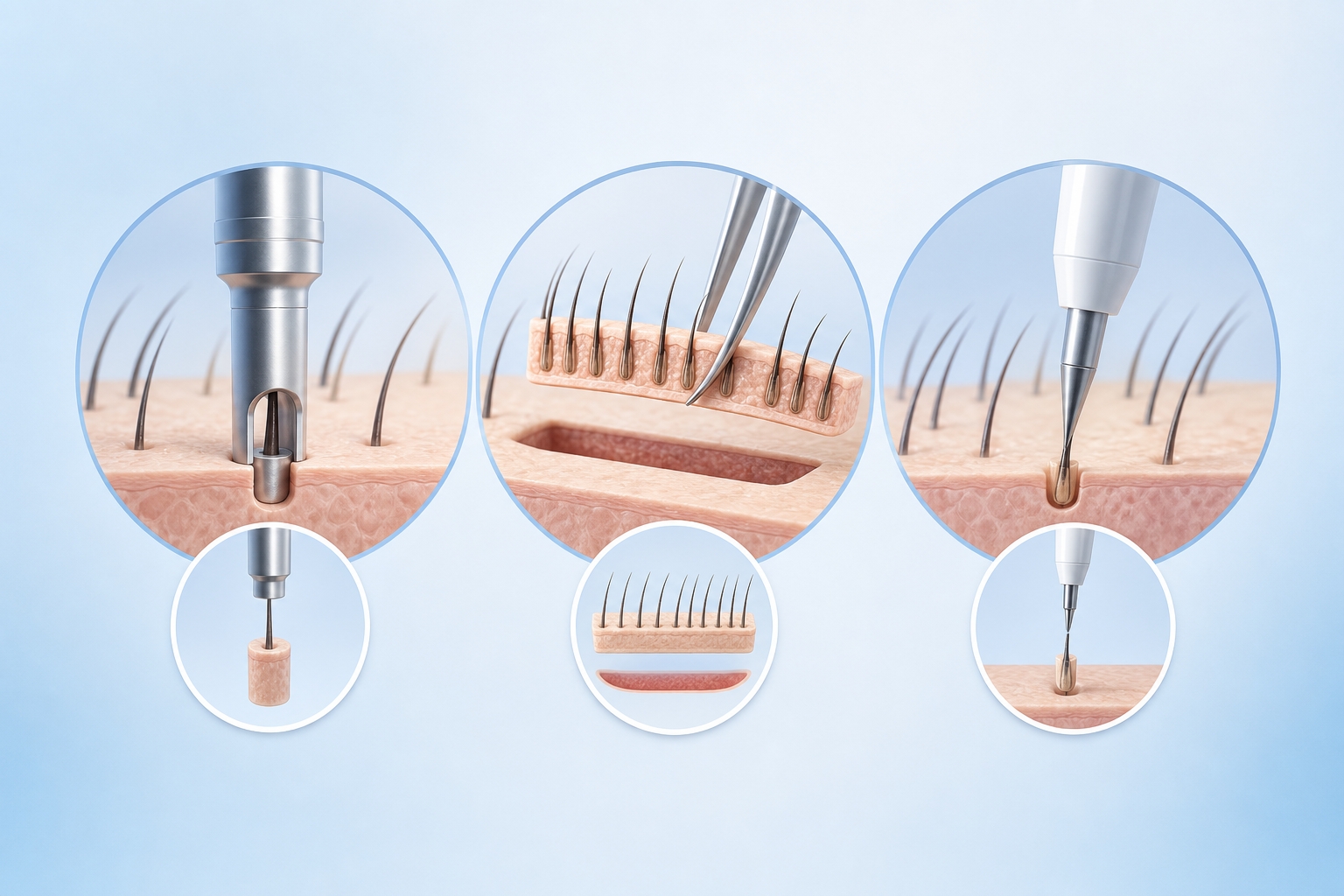 A conceptual comparison illustration of three hair transplant techniques in a clean horizontal layou