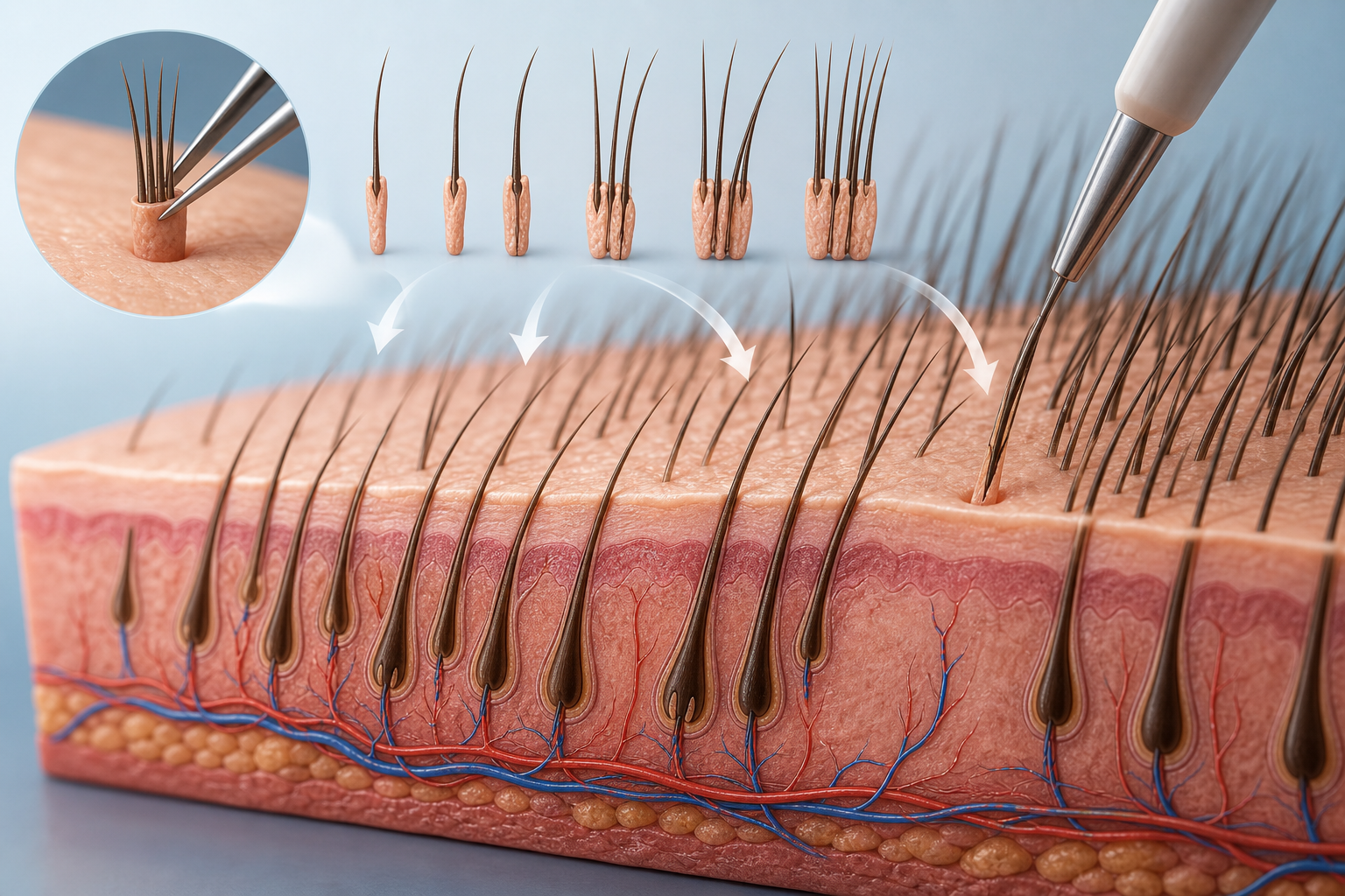 A conceptual 3D medical illustration showing a close-up cross-section of the scalp. It visualizes th